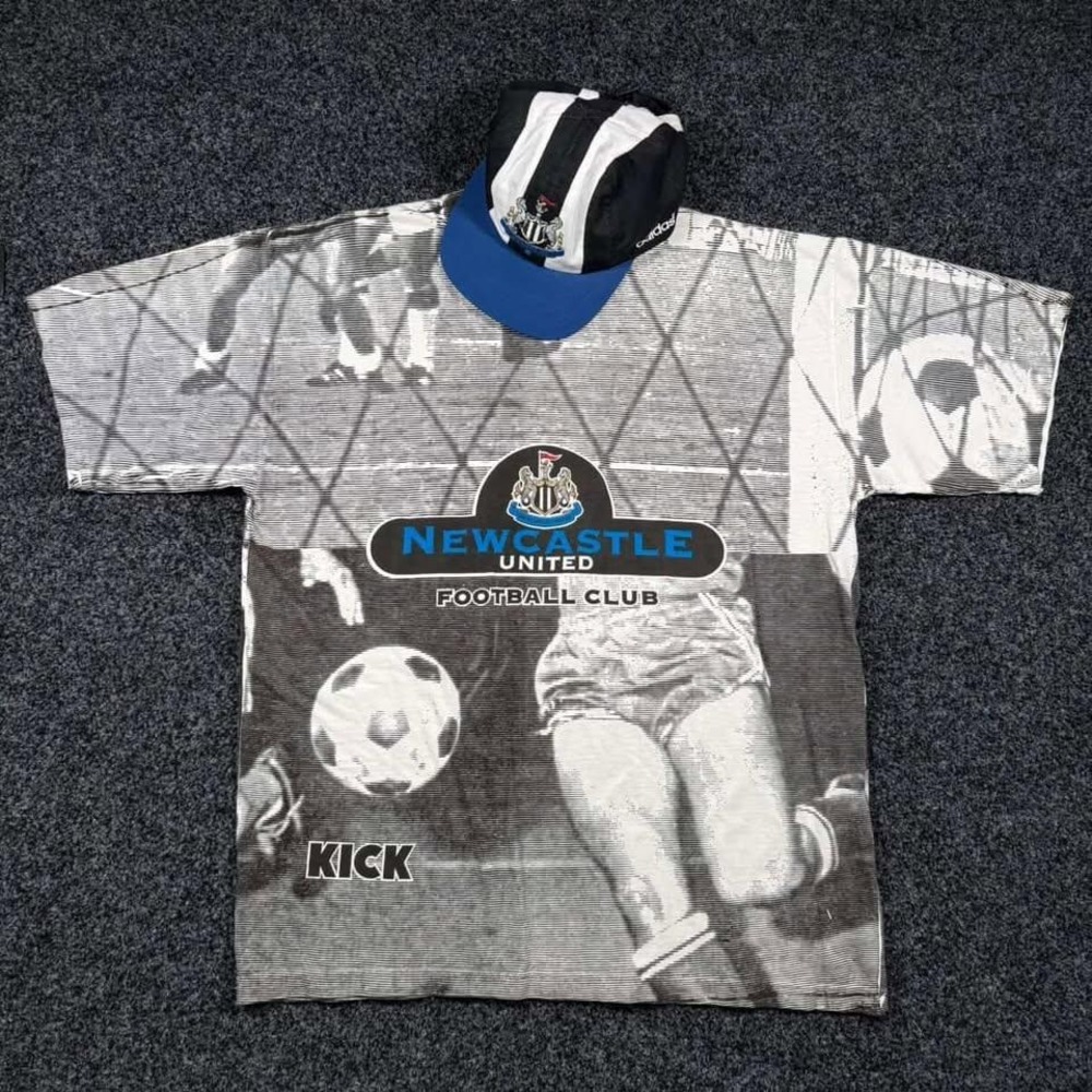 Vintage 1990s KICK Newcastle United AOP T-Shirt XL and Adidas OSFA Hat Bundle